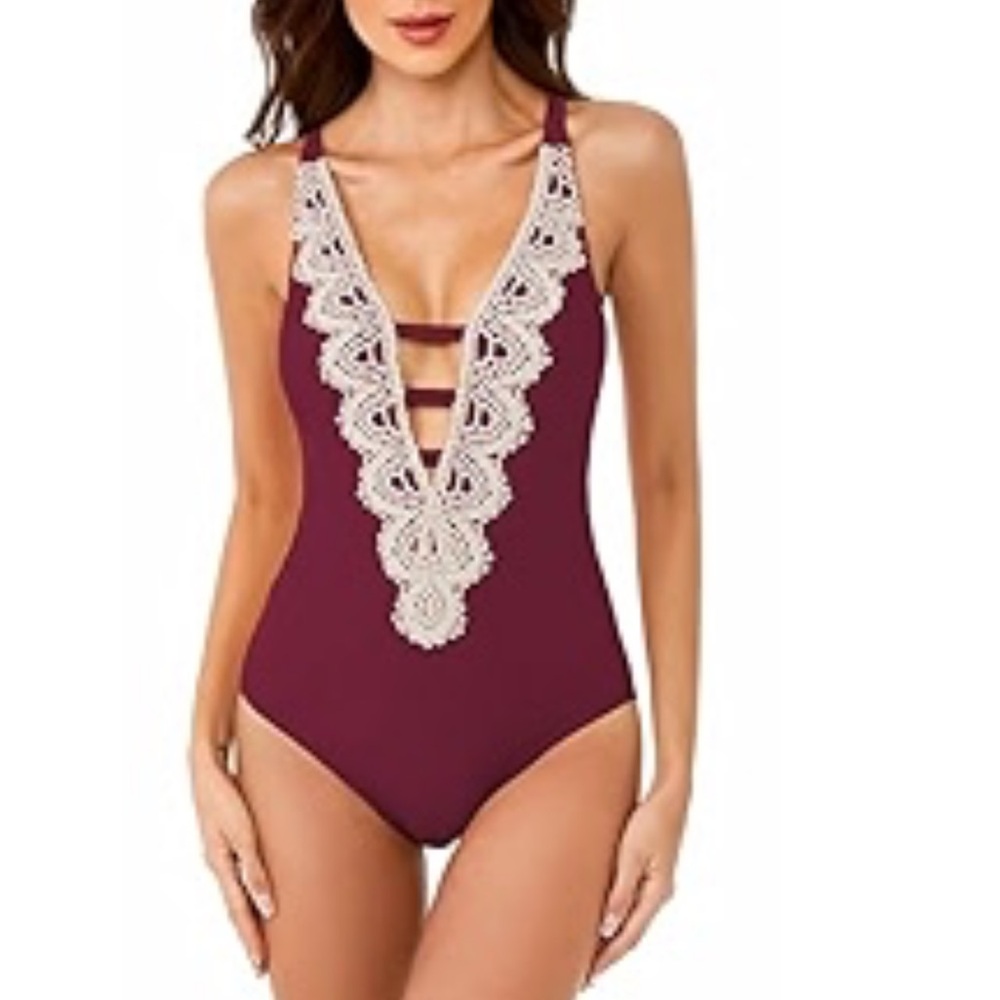 Becca by Rebecca virtue Plunge Neck with Crochet trim bathing suit